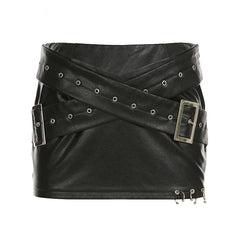 Hnewly rave inspo outfits Darkly Punk Metal Style Black Mini Skirts Women Sexy Slim Fit Cross Waistband Baddie Straight Skirts