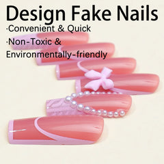 Hnewly French Pink Press on Nails with Pearl Sweet & Charming Reusable False Nails for Shopping Traveling Dating
