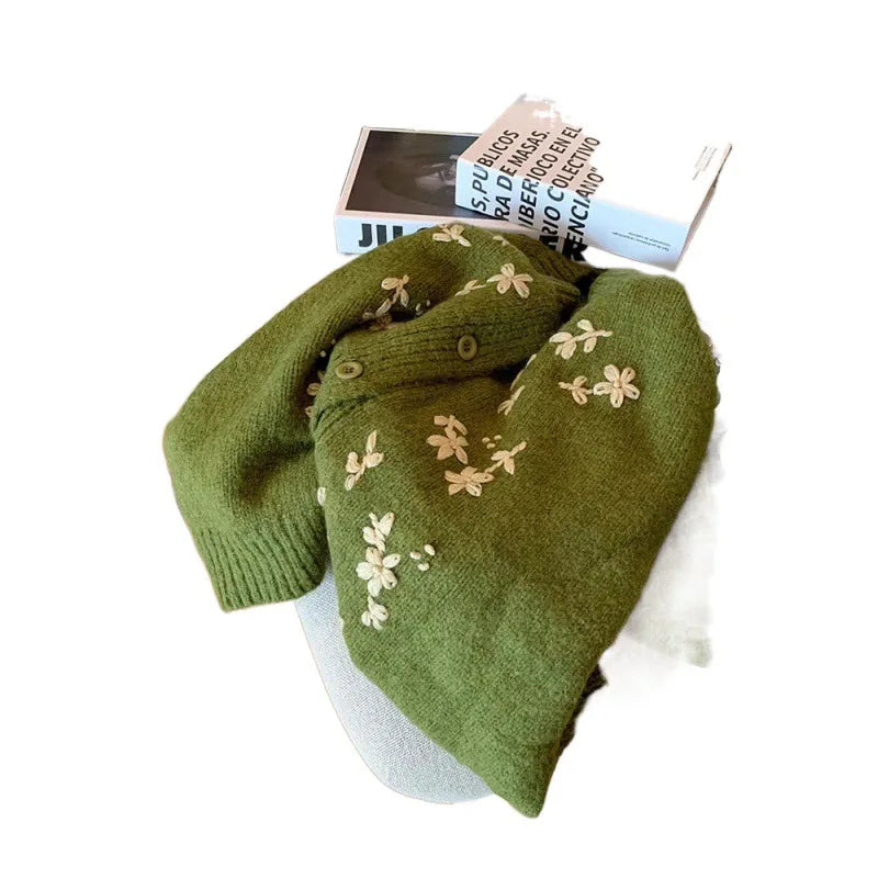 Hnewly  Green Crochet Knitted Sweater Women's Retro Soft  Embroidery Loose Long Sleeved Jacket Round Neck Single Breasted Cardigan Top