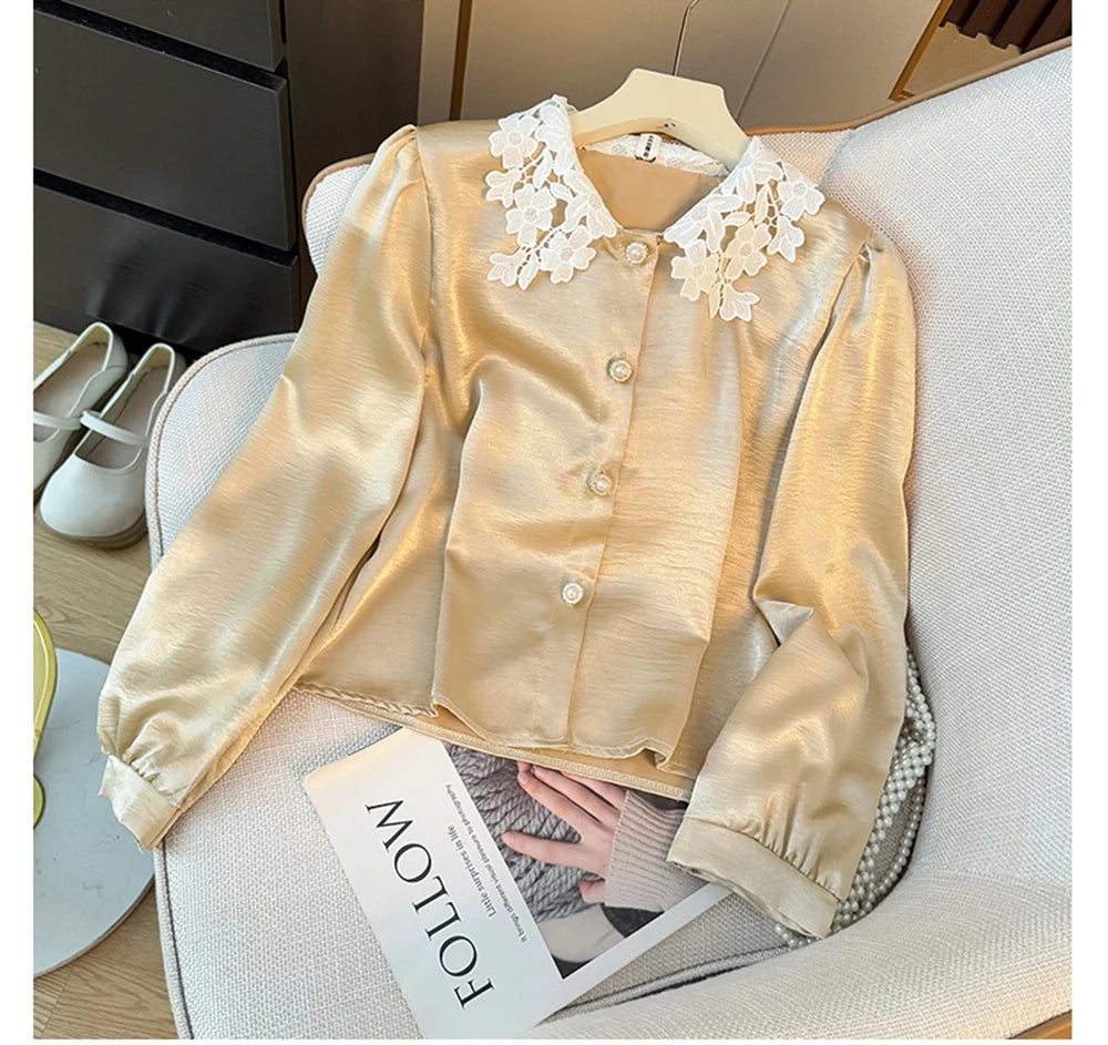 Hnewly  Elegant Satin Spliced Lace Shirt Women French Style Summer 2025 Doll Collar Pearl Single Breasted Light Luxury Long Sleeve Tops