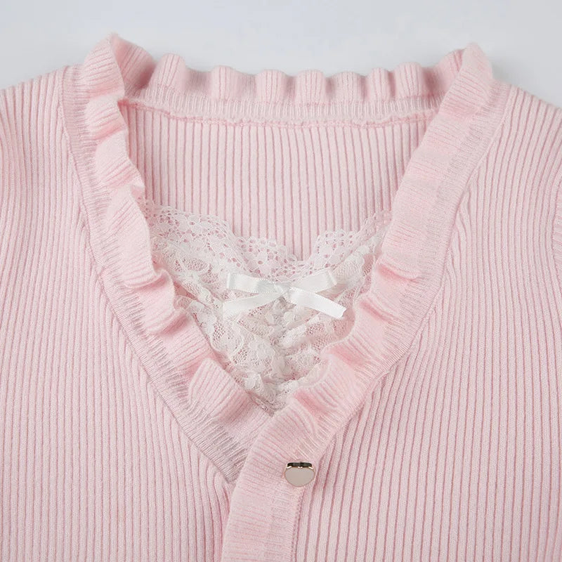 Hnewly Fairycore Clothing Top y2k Women Ruffle Lace Patchwork Long Sleeve Knitted T Shirt 2000s Coquette Clothes Streetwear