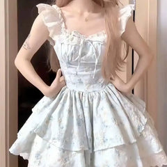 Hnewly  French Style Women's Dress Flying Sleeve Summer Patchwork Lace Short Dress Princess Ball Gown Girl Party Dress