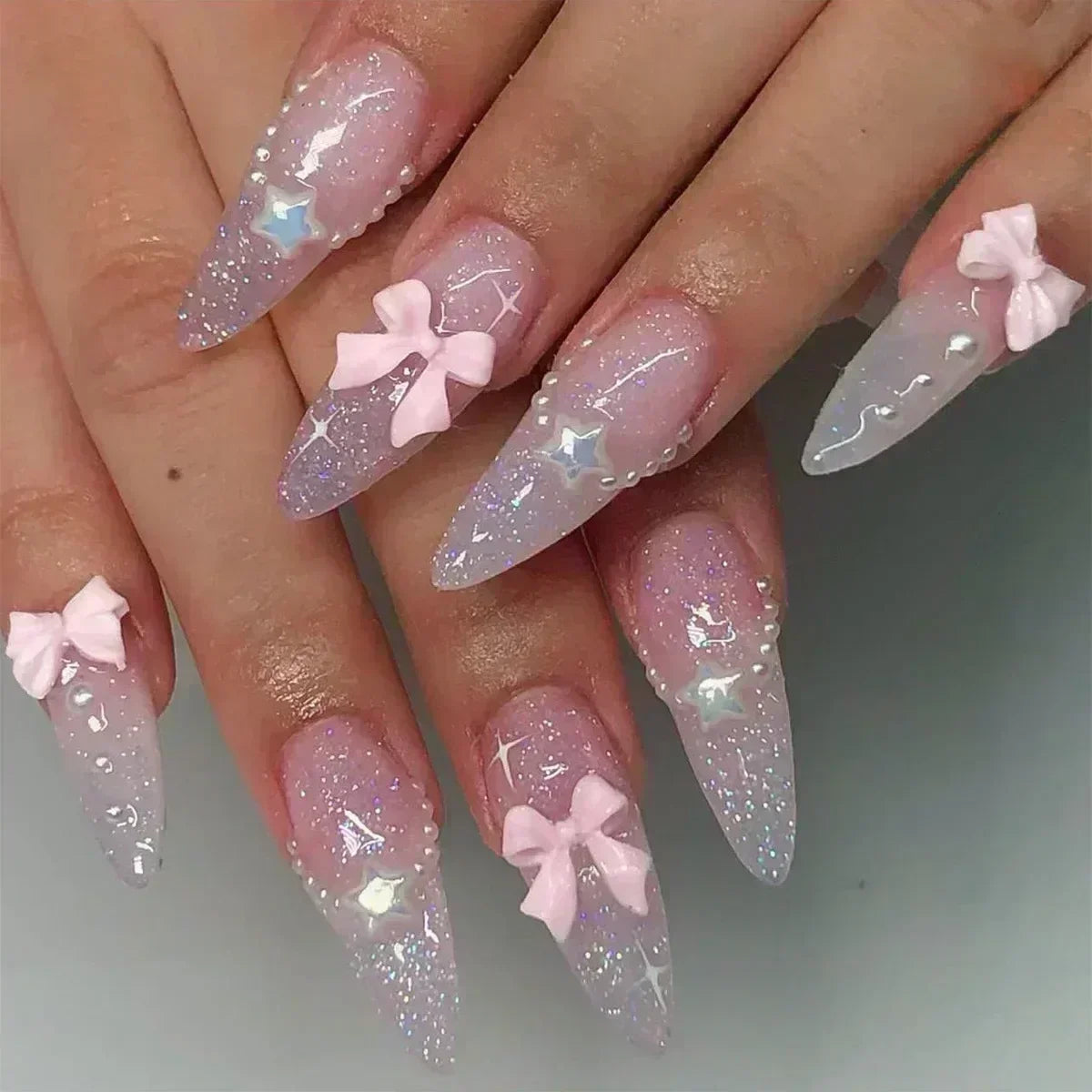 Hnewly 24Pcs Pink Almond False Nails Butterfly Ballet with French Design Wearable Fake Nails Simple Artificial Press on Nails Tips Art