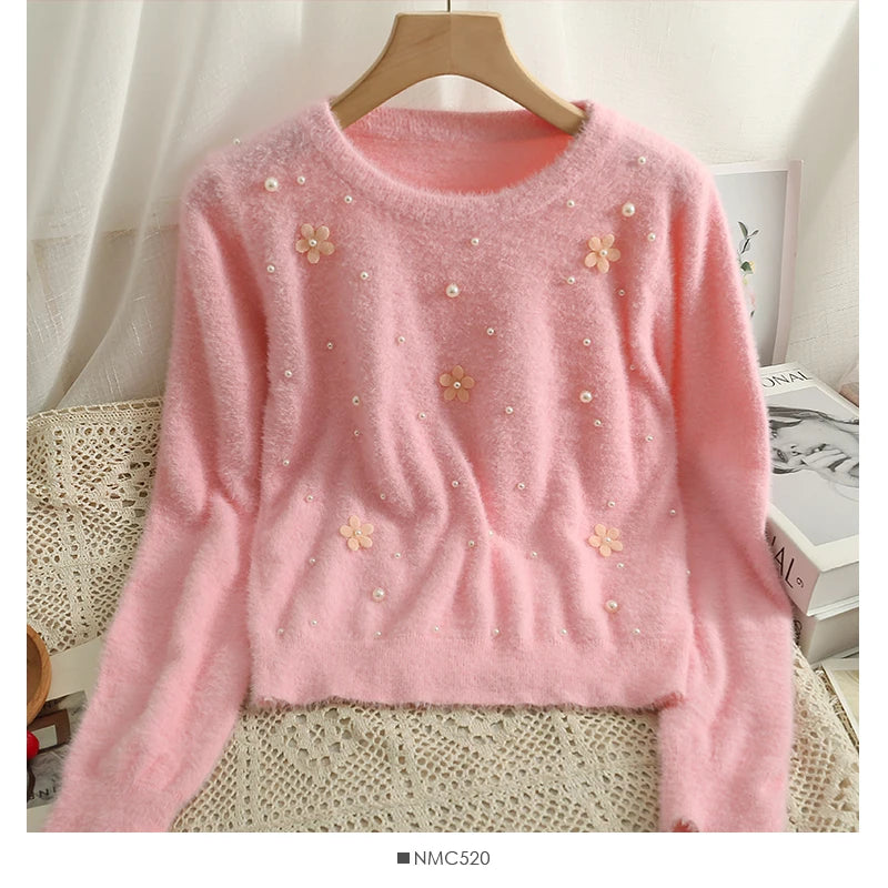 Hnewly  Women's Short Sweater Autumn Winter Fashion Beaded Slim Long Sleeve Pullover Korean Versatile O-neck Loose Knitted Tops