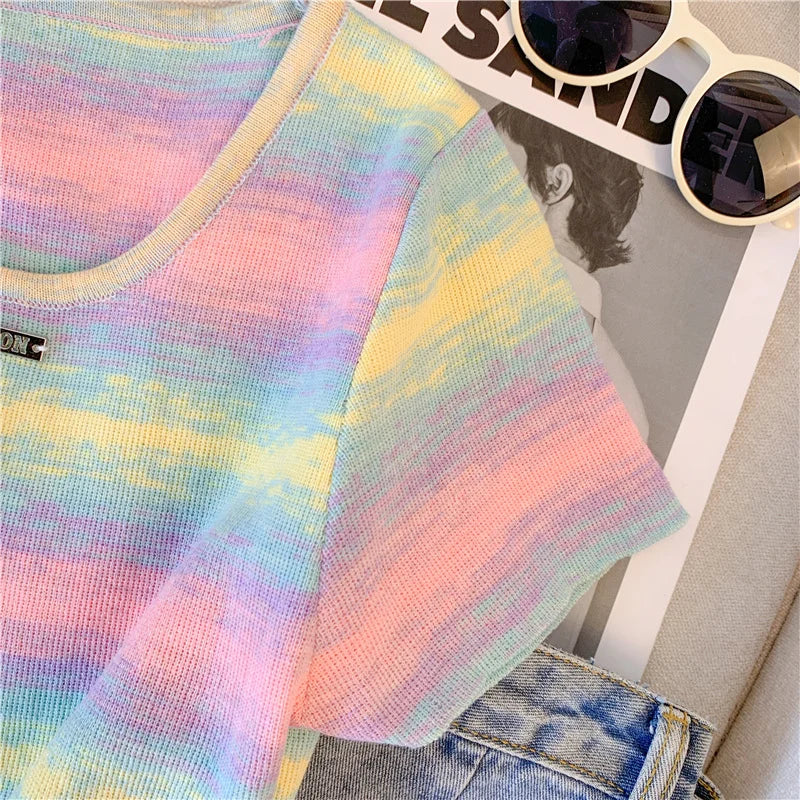 Hnewly  Contrast Striped T-shirt For Women's Summer Knitted Short Sleeved Tee  Cool Girls Fashion High Street Square Collar Short Top