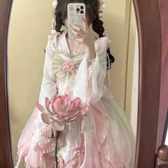 Hnewly  Sweet Lolita Princess Dress Women Cute Cartoon Rabbit Print Flower Ruffles Party Dresses Chinese Hanfu Style Kawaii Lolita Sets