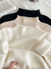 Hnewly  Lace Edge Half High Collar Sweater Autumn Winter New Women's Long Sleeve Top Warm Solid Color Slim Basic Knit Pullover