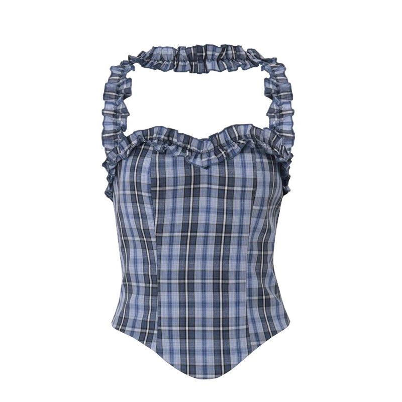 Hnewly Fashion Ruffled Plaid Print Halter Tank Top and Loose Applique Wide Leg Pant Y2K Summer Casual Streetwear 2 Pieces Set