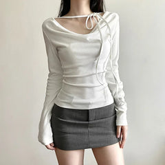 Hnewly  fashion sexy v-neck bow lace up t-shirts slim fit white casual top for women early autumn new long sleeve tee shirt
