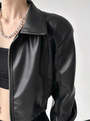 Hnewly American Vintage Pu Leather Women Jacket Y2K Black Lapel Long Sleeve Crop Coats Harajuku Streetwear Zipper Casual Outerwear