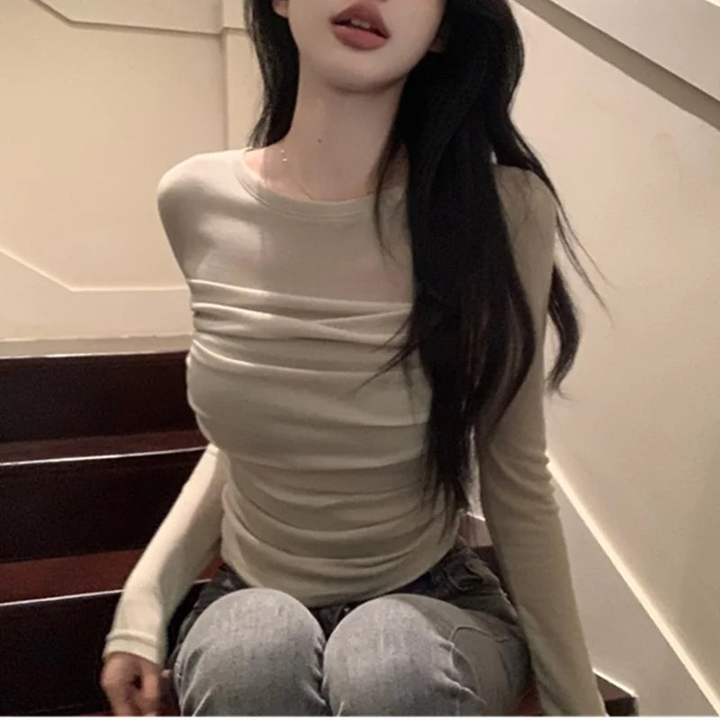 Hnewly Mesh Top y2k Clothing Women Sheer See Through Round Neck Long Sleeve Ruched T Shirt 2000s Aesthetic Clothes Streetwear