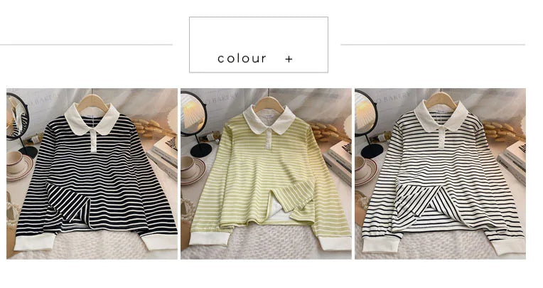 Hnewly  Classic Black White Striped Sweatshirts Casual Loose Turn-down Collar  Women's Spring 2025 New Korean Long Sleeve T-shirt Top