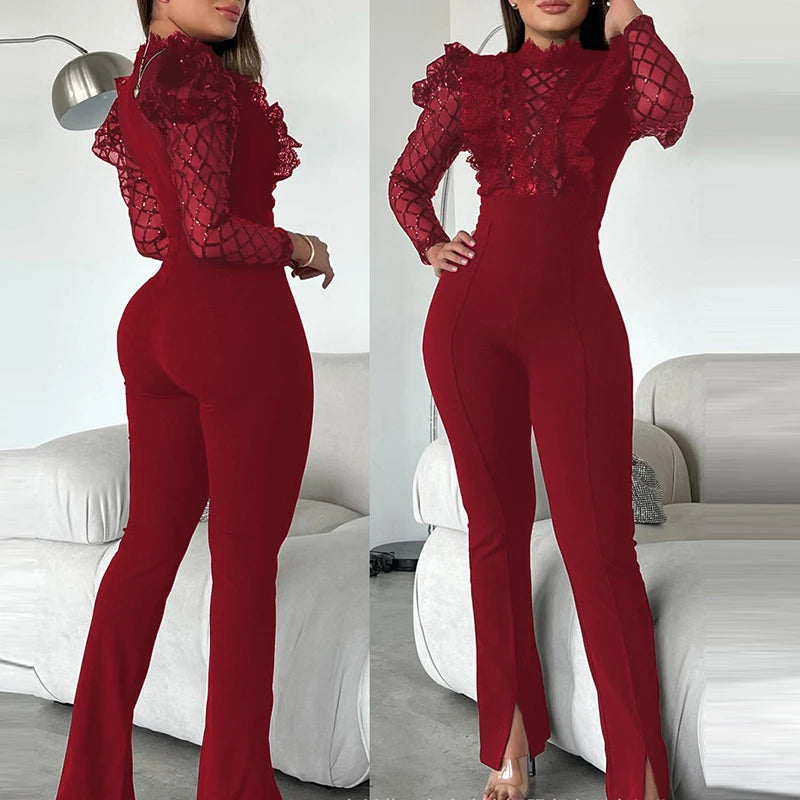 Hnewly Sexy Perspective Slim Pencil Pants Jumpsuit Casual Autumn Long Sleeved Playsuit Ladies Elegant Lace Mesh Club Party Romper