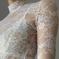Hnewly Transparent Lace Crop Top Women Elegant Sexy Solid White Long Sleeve Slim T-shirt Korean Fashion Shirts y2k Aesthetic Tee