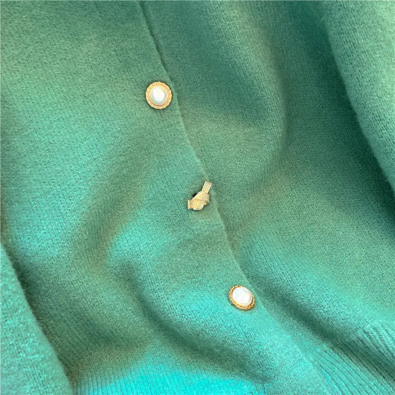 Hnewly  Elegant Metal Button Sweater Solid Long Sleeve Korean  O-Neck Puff Sleeve Knit Cardigan Coat Women Spring  Autumn Loose Top