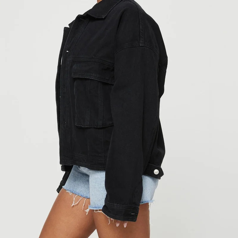 Hnewly Denim Jacket Women y2k Clothes Solid Color Turn-down Collar Single Breasted Long Sleeve Jeans Coat 2000s Streetwear