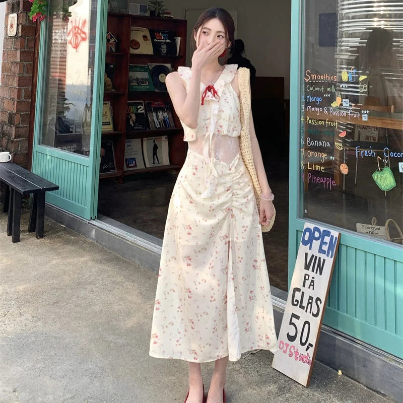 Hnewly Sweet Floral Patchwork Dress for Women Summer Elegant Ruffled Slit Dress Y2K Fashion Lace Up Bow Beach Vacation Party Vestidos