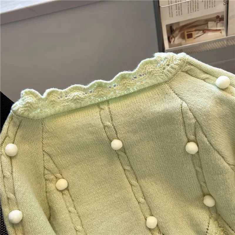 Hnewly  Korean Sweater Cardigan Women's Spring Autumn 2025 Versatile Soft Knitted Jacket Elegant Lace Single Breasted Long Sleeved Top