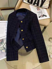 Hnewly Korean Plaid Tweed Jacket Women Y2K Elegant Office Lady O Neck Casual Crop Coats Autumn Single Breasted All Match Female Outwear