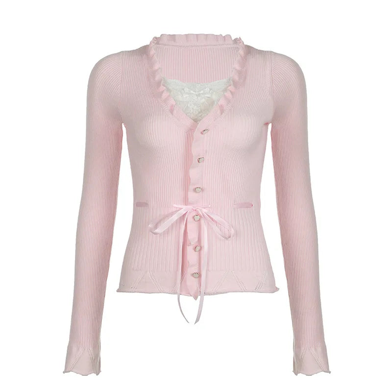 Hnewly Fairycore Clothing Top y2k Women Ruffle Lace Patchwork Long Sleeve Knitted T Shirt 2000s Coquette Clothes Streetwear
