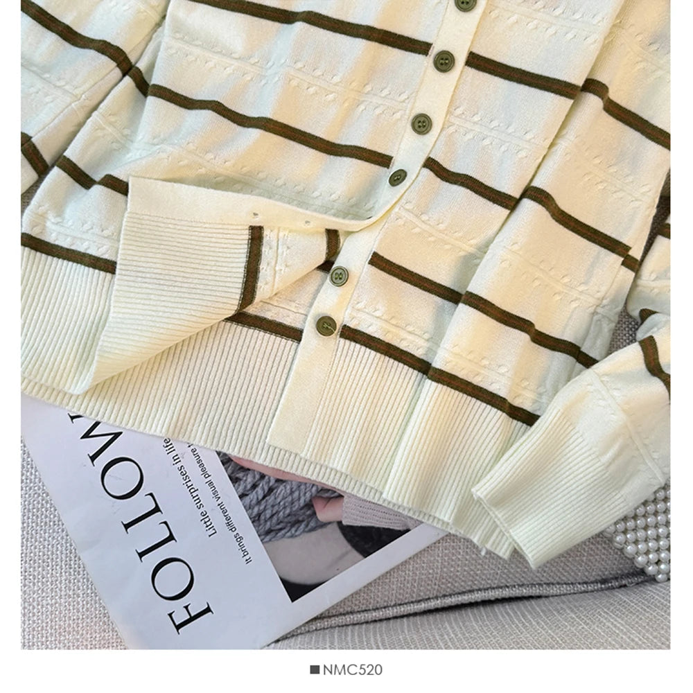 Hnewly  Striped O-neck Long Sleeve Knitted Sweater Women's 2025 Autumn Korean Retro Color Block Loose Fit Versatile Single Breasted Tops