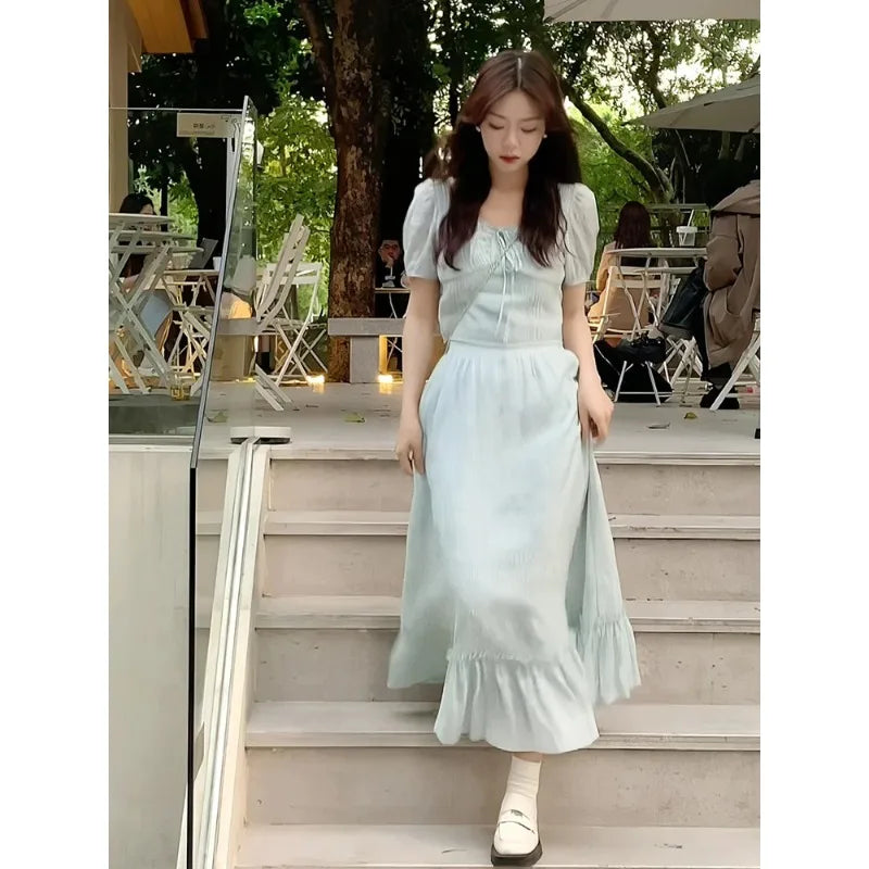 Hnewly  Women Dress Vintage Puff Short Sleeve Square Collar Bandage Ruffles Patchwork French Style Chic Dresses Female Casual