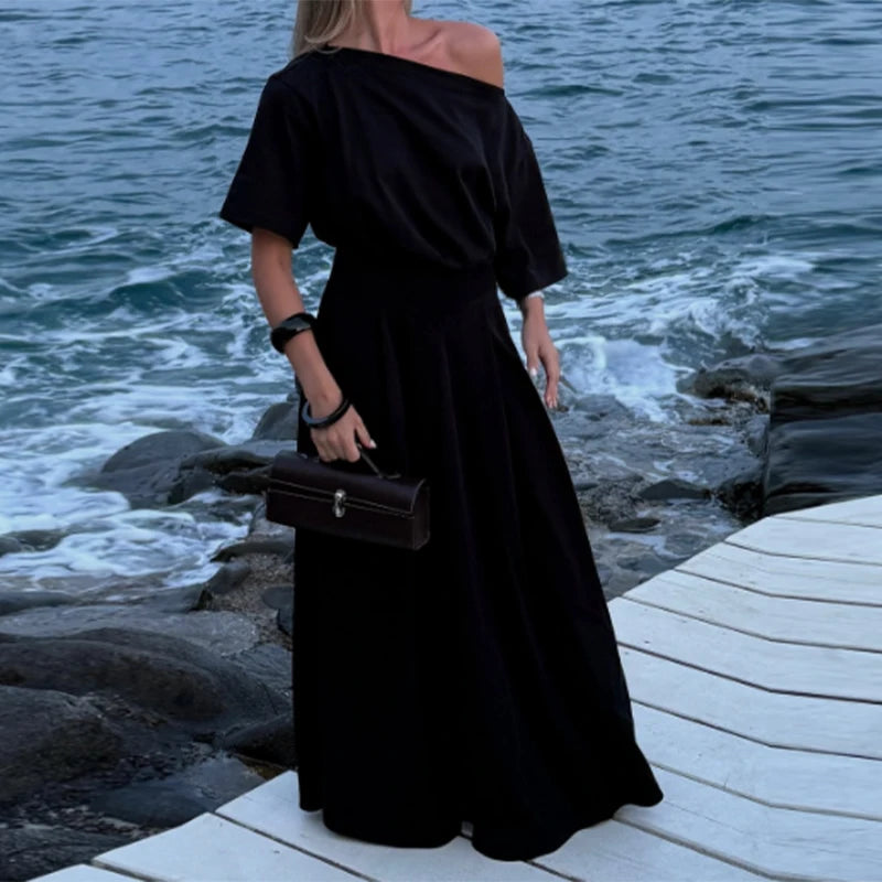 Hnewly  Elegant Top Skirt Women's Sets Skew-collar Shirt Floor-length Loose Solid Female Sets Summer Casual Vacation Chic Lady Robe