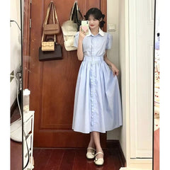 Hnewly  Woman Dress Striped Turn Down Collar Patchwork Ruffles Single Breasted Short Sleeve Summer Fashion Female Dresses Casual