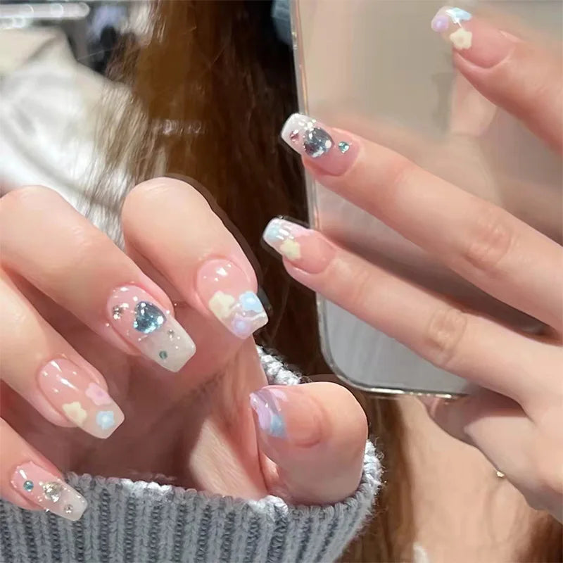 Hnewly 24Pcs/Box Gradient Color Artifical Press On Nails With Glue Long Coffin Fake Nails Lovely Girls Nail Art Ballerina False Nails