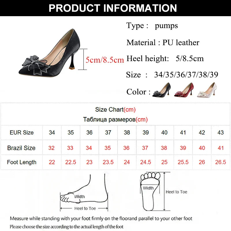 Hnewly Rhinestone Bowtie Pointed Toe Women's Pumps New Spring Satin Bridal Wedding Shoes Shallow Woman Pumps Stiletto Red