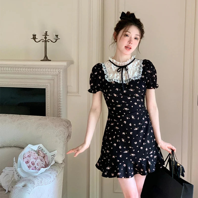 Hnewly French Elegant Floral Print Dress Women Casual Lace Patchwork Short Sleeve Black Dress Evening Party Korean Fashion Clothing