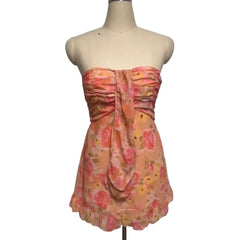 Lunivop  Ruched Chest Floral Print Strapless Mini Chiffon Dress Women Ruffles Hem Elastic Bandage Backless Holiday Dresses Robe