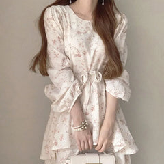 Hnewly  Bohemian Floral Print Dresses Women Fashion Korean Puff Sleeve Midi Dress Elegant Belted Layered Ruffled Hem Vestidos