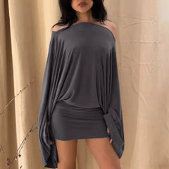 Hnewly  Fashion Sexy Bodycon Dress Long Sleeve Slim Fit Off Shoulder Dress Simple Grey Batwing Sleeve Dress Spicy Girl