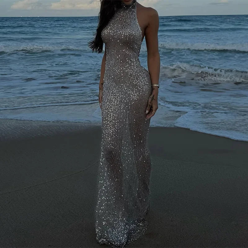 Hnewly  Sequined Backless Halter Long Dress Women Sexy Beach Sleeveless Hip Package Female Dresses Spring Summer Lady Vacation Robe