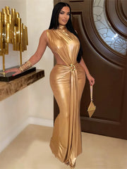 Hnewly  Cutenew Sexy Ruched Silky Dress Women Sleeveless Waistless Metal Button Ribbon Side Split Party Midnight Club Wedding Bodycon
