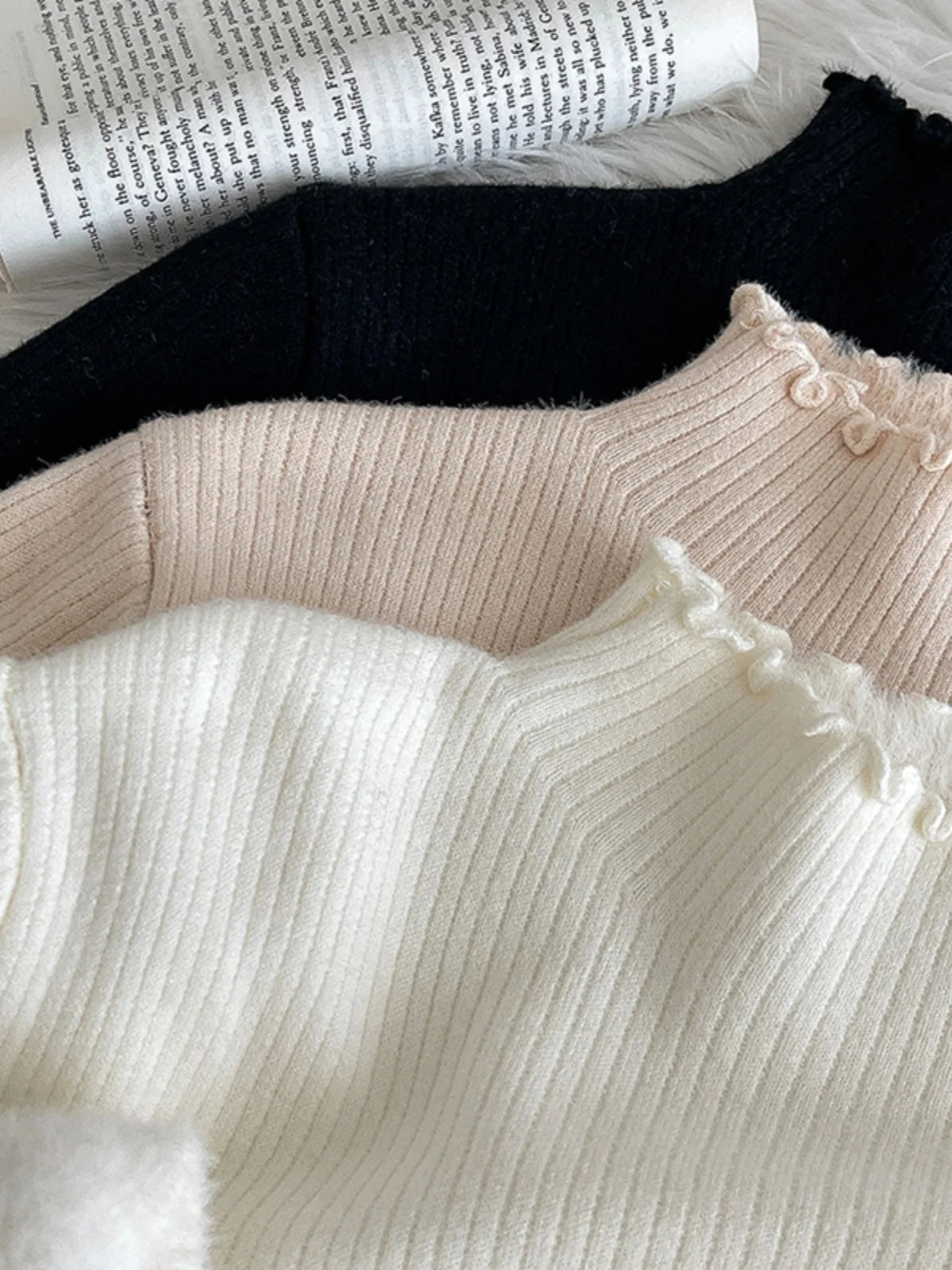 Hnewly  Lace Edge Half High Collar Sweater Autumn Winter New Women's Long Sleeve Top Warm Solid Color Slim Basic Knit Pullover
