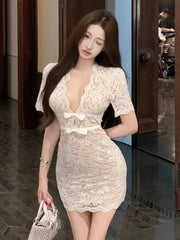 Hnewly  Women Dress Lace Patchwork V Neck Bow Short Sleeve Hollow Out Elegant Slim Party Mini Dresses Fashion Temperament