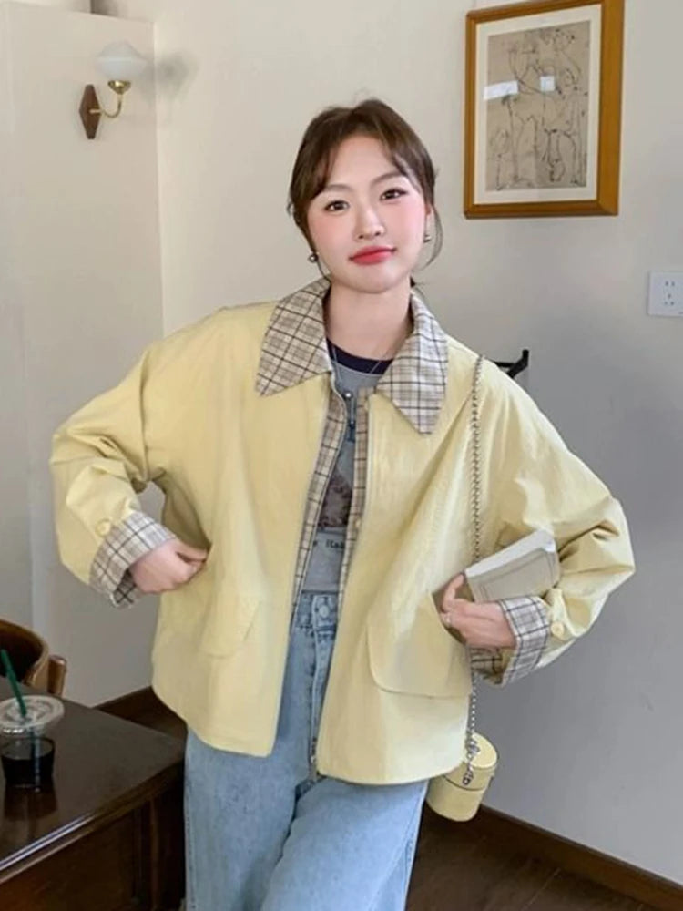 Hnewly  Sweet Cargo Jacket Women Loose Preppy Style Plaid Patchwork Short Coat Casual Korean Fashion Long Sleeve Fall Winter Tops