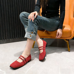 Hnewly  Shoes for Woman Mary Jane Shoes Women's Buckle Strap Low Cut Square Head Vintage Black Velvet Commuting Shoes