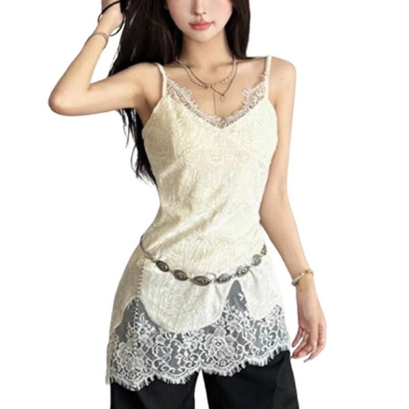Hnewly y2k Tops Women Coquette Clothing Solid Color V Neck Lace Patchwork Spaghetti Strap Sleeveless Camisole Vest Streetwear