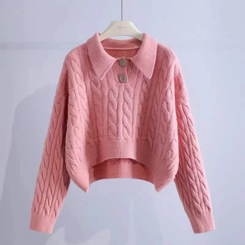 Hnewly  Polo Collar Knit Sweater Women Long Sleeve Button Front Boxy-fit Pullover Cable-knit Jumper Teen-girl Classic Preppy Outfit