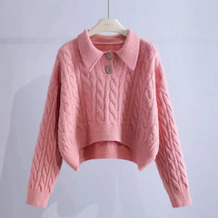 Hnewly  Polo Collar Knit Sweater Women Long Sleeve Button Front Boxy-fit Pullover Cable-knit Jumper Teen-girl Classic Preppy Outfit
