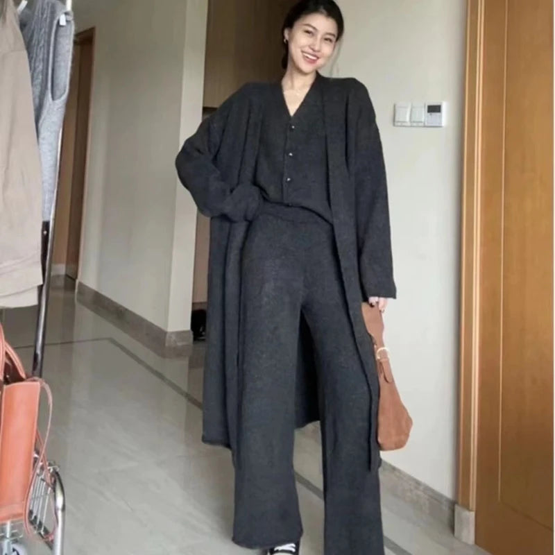 Hnewly Winter French Knitted Suits 3 Piece Set Women Casual Long Cardigan + Vintage Vest + Office Lady Long Pants Korean Fashion