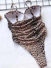 Hnewly  Push Up Bra Cup Leopard Scrunched Women Bandeau Swimwear One Piece Swimsuit Female Monokini High Cut Bathing Suit Swim Bodysuit