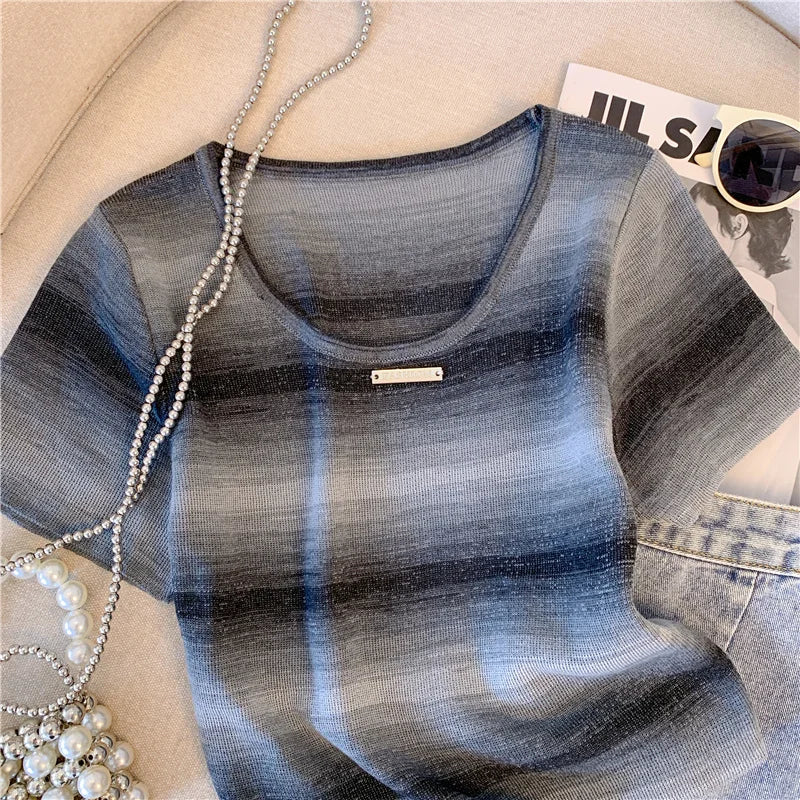 Hnewly  Contrast Striped T-shirt For Women's Summer Knitted Short Sleeved Tee  Cool Girls Fashion High Street Square Collar Short Top