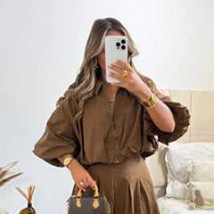 Hnewly  Women's Solid Half Lantern Sleeve Short Top Pleated Long Skirt Autumn New Female Outfit Casual Zipper Lapel Tops Skirts Set