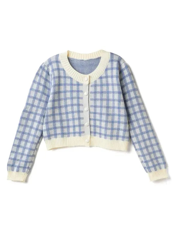 Hnewly  Women Checkerboard Crop Knit Cardigan Sweater Long Sleeve Button-up Box-fit Plaid Knit Top Teenage Girls Outfit