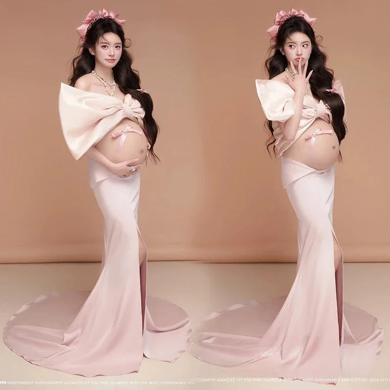 Hnewly  Women Photography Props Elegant Maternity Dress Bow-knot Top and Long Skirt Korean Princess Dresses Studio Shoot Photo Clothes