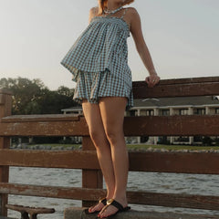 Hnewly  Women's Gingham 2 Piece Pajamas Set Smocked Flowy Peplum Babydoll Cami Top + Wide Leg Shorts Summer Loungewear Outfits